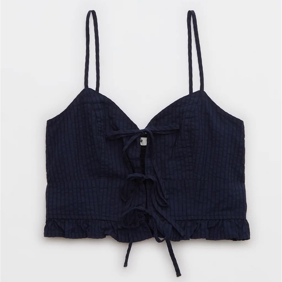 NWOT AERIE Tie-Front Woven Lace-Up Crop Top in Navy Stripe - Picture 4 of 9